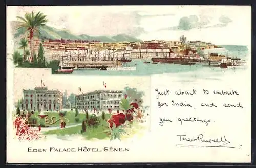 Lithographie Genova, Eden Palace Hotel, Hafen mit Booten