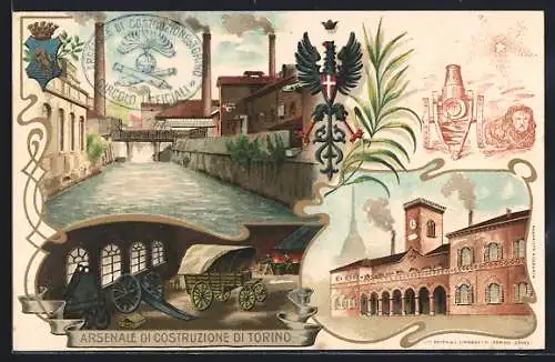 Lithographie Torino, Rathaus, Kanal, Arsenale di Costruzione