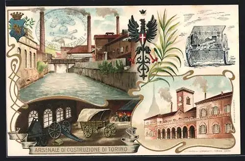 Lithographie Torino, Rathaus, Kanal, Arsenale di Costruzione