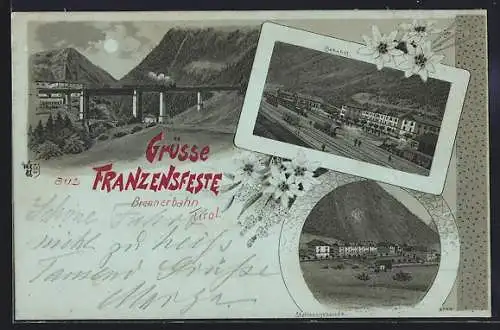 Mondschein-Lithographie Franzensfeste /Brennerbahn, Bahnhof, Stationsgebäude, Viadukt