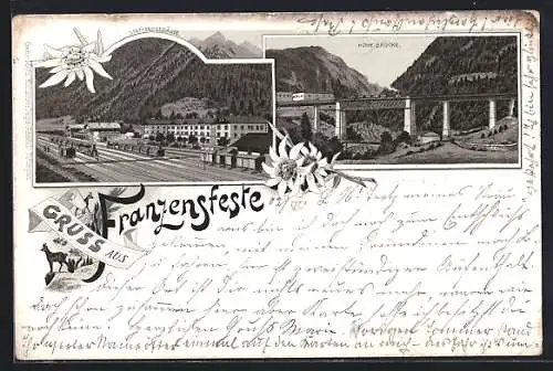 Lithographie Franzensfeste, Bahnhof mit Stationsgebäude und hoher Brücke