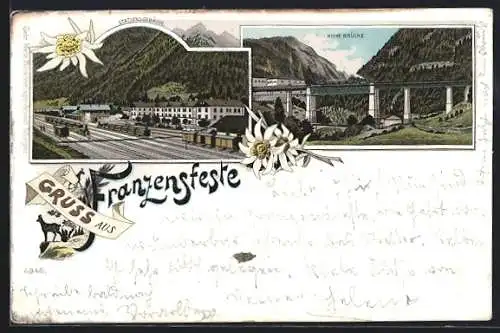 Lithographie Franzensfeste, Bahnhof mit Stationsgebäude und hoher Brücke