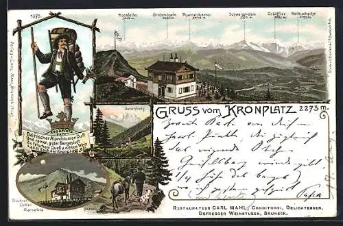 Lithographie Bruneck, Gasthaus Kronplatz mit Bergpanorama, Wanderer, Glockner-Ortler-Marmolata, Geiselsberg