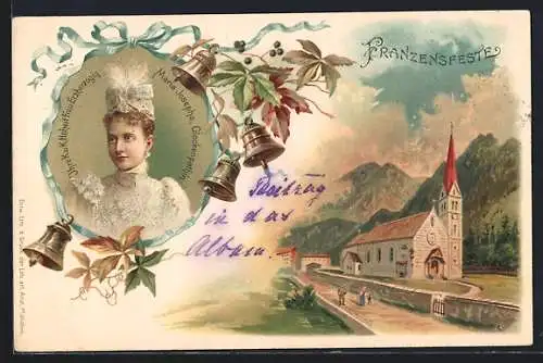 Lithographie Franzensfeste, Kirche mit Portrait Maria Josepha, Glockenpatin