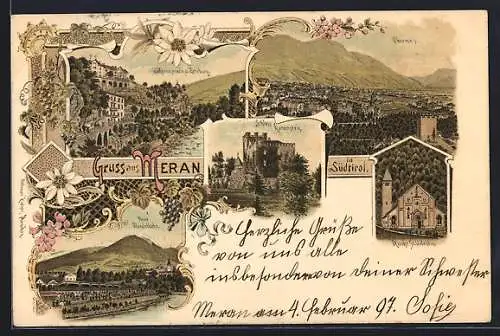 Lithographie Meran, Ortsansicht, Neue wandelbahn, Schloss Katzstein