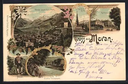 Lithographie Meran, Kurhaus, Protestantische Kirche, Gisela-Promenade