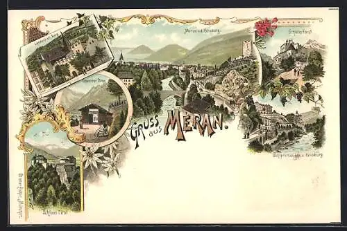 Lithographie Meran, Gilfpromenade und Zenoburg, Tappeiner Weg, Schloss Forst