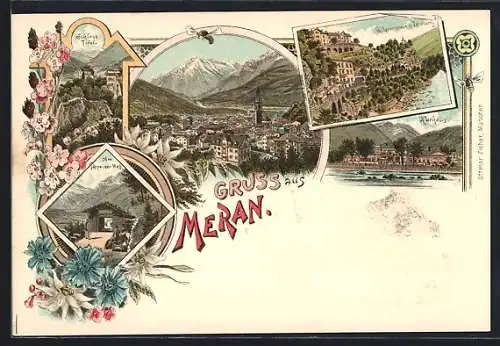 Lithographie Meran, Schloss Tirol, Tappeiner Weg, Kurhaus