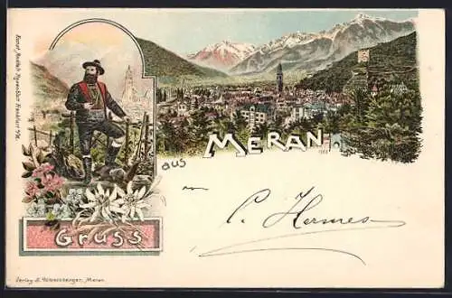 Lithographie Meran, Gesamtansicht, Meraner in Tracht, Blumen