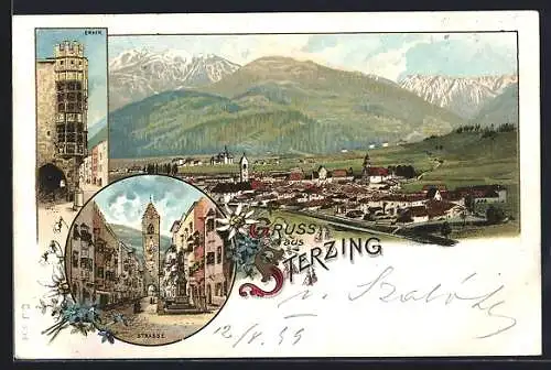Lithographie Sterzing, Strasse, Erker, Panoramablick auf Ort und Gebirge