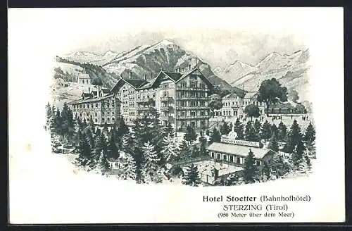Künstler-AK Sterzing, Bahnhofhotel Stötter aus der Ferne
