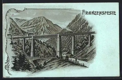 Mondschein-Lithographie Franzensfeste, Panorama mit Eisenbahnbrücke und Gebirge