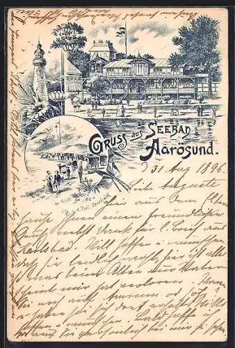 Lithographie Aarösund, Leuchtturm, Am Strand, Kurhaus