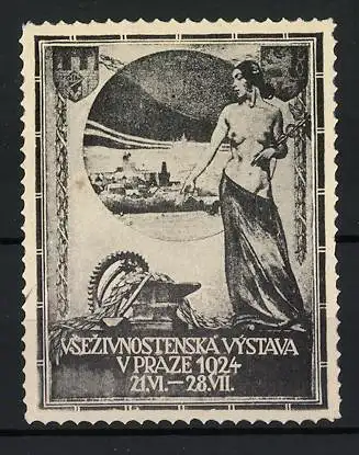 Reklamemarke Prag / Praze, Vsezivnostenska Vystava 1924, nackte Amazone am Stadtrand, Wappen, Ambos