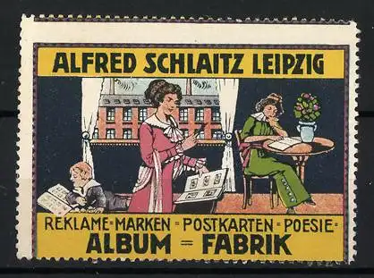 Reklamemarke Leipzig, Alfred Schlaitz, Album-Fabrik f. Reklamemarken & Postkarten, Frauen mit Alben
