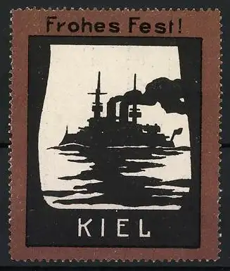Reklamemarke Kiel, Frohes Fest!, Silhouette eines Kriegsschiffes