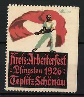 Reklamemarke Teplitz-Schönau, Kreis-Arbeiterfest 1926, Sportler mit roter Flagge, Arbeiterbewegung
