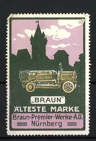 Reklamemarke Braun-Premier-Werke AG, Nürnberg, Auto vor Stadtsilhouette