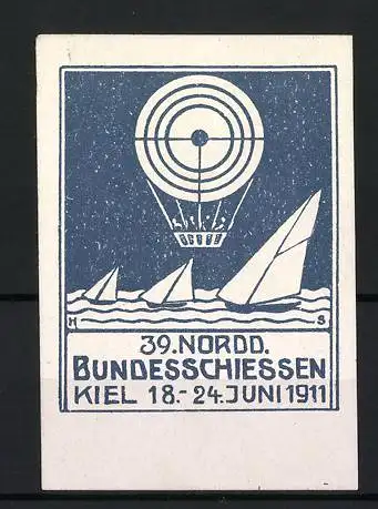 Reklamemarke Kiel, 39. Nordd. Bundesschiessen 1911, Zielscheibe als Ballon, Segelregatta