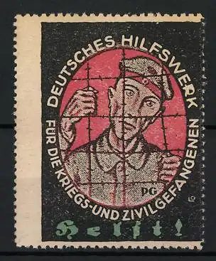Reklamemarke Deutsches Hilfswerk für die Kriegs- und Zivilgefangenen, Soldat hinter Stacheldraht