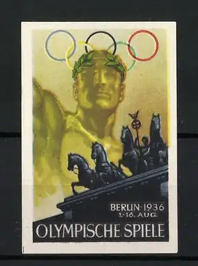 Reklamemarke Berlin, Olympische Spiele 1936, Sieger, Brandenburger Tor, Olympische Ringe