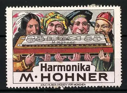 Reklamemarke Harmonikas von M. Hohner, Chinese, Indianer und andere Nationalitäten spielen auf einer Harmonika