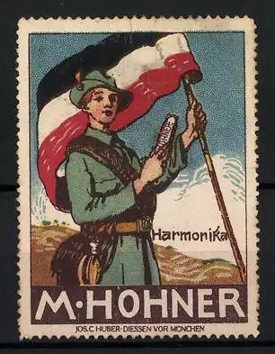 Reklamemarke Harmonika von M. Hohner, Pfadfinder mit Flagge und Harmonika