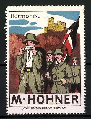 Reklamemarke Harmonikas von M. Hohner, Pfadfinder marschieren mit einer Flagge