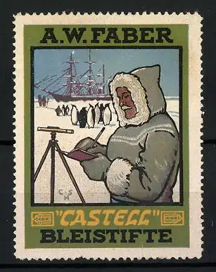 Reklamemarke Castell Bleistifte, A. W. Faber, Expedition am Nordpool, Schiff und Pinguine