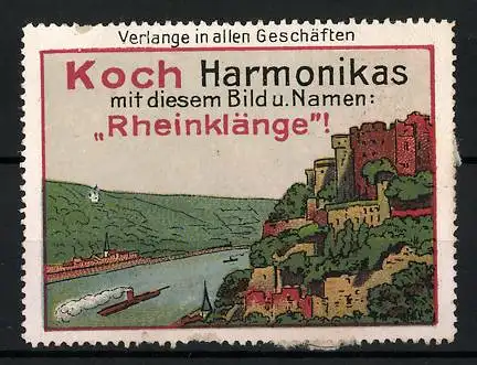 Reklamemarke Koch Harmonikas, Rheinklänge, Ortsansicht mit Burgruine