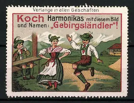 Reklamemarke Koch Harmonikas, Gebirgsländler, Paar in Tracht beim Volkstanz