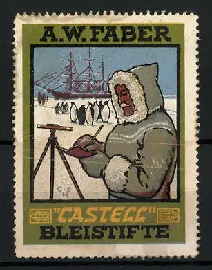 Reklamemarke Castell Bleistifte, A. W. Faber, Expedition am Nordpol, Schiff und Pinguine