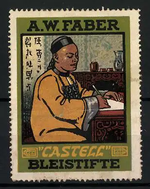 Reklamemarke Castell Bleistifte, A. W. Faber, Asiate am Schreibtisch