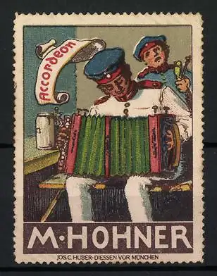 Reklamemarke Accordeon von M. Hohner, Soldat spielt auf einem Akkordeon