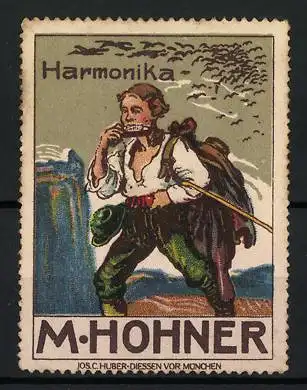Reklamemarke Harmonika von M. Hohner, Wanderer spielt auf einer Harmonika