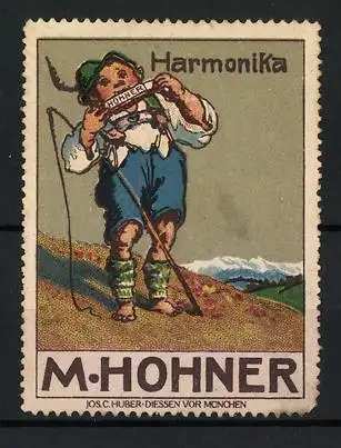 Reklamemarke Harmonika von M. Hohner, Bube spielt in Tracht auf einer Harmonika