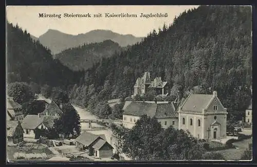 AK Mürzsteg /Steiermark, Teilansicht mit Brücke und Jagdschloss