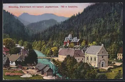 AK Mürzsteg /Steiermark, kaiserliches Jagschloss mit Fluss