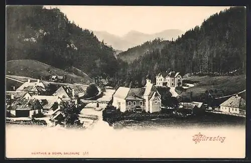 AK Mürzsteg, Panoramablick mit Flusslauf