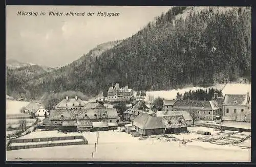 AK Mürzsteg, Ortsansicht im Winter während der Hofjagden