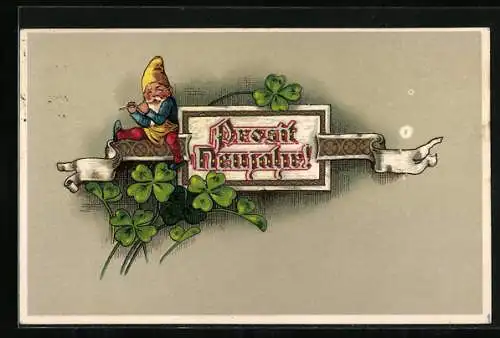 Präge-AK Zwerg spielt inmitten von Kleeblättern die Querflöte, Prosit Neujahr