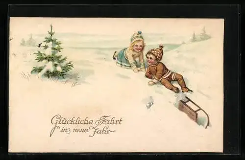 AK Glückliche Fahrt ins neue Jahr, Kinder auf Schlittenfahrt im Schnee