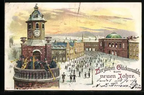 AK Neujahrsgruss, Blaskapelle auf einem verschneiten Turm