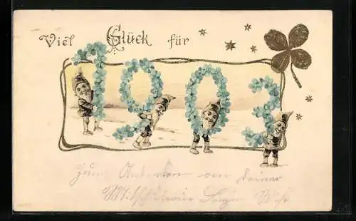 AK Zwerge halten Jahreszahl 1903 aus Vergissmeinnicht, Kleeblätter
