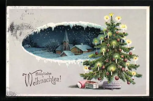 AK Nächtliche Dorfpartie im Schnee im Weihnachtsbaum-Passepartout