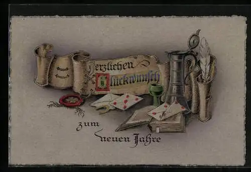 Präge-AK Neujahrsgruss mit Briefen, Hufeisen und Schreibfeder