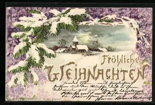 AK Fröhliche Weihnachten, Blick zur verschneiten Ortskirche bei Nacht, Rahmen aus Blüten und Tannenzweigen