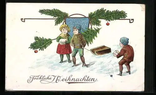 AK Weihnachten, Junge mit Tannenbaum zieht einen Schlitten, Mädchen mit Muff, Tannenzweige