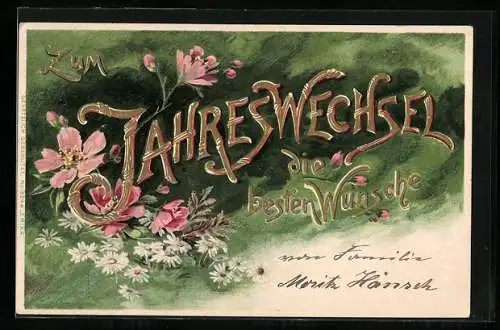 AK Beste Wünsche zum Neujahr, Wiese mit Blumen