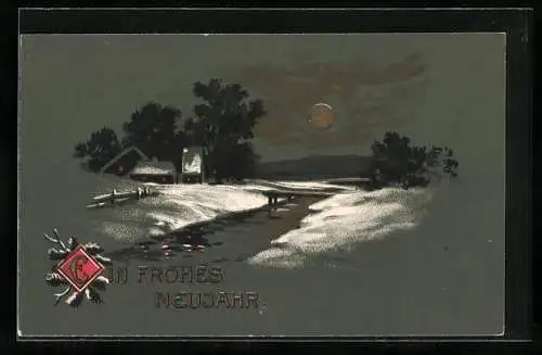 AK Neujahr, Verschneite Winterlandschaft im Mondschein